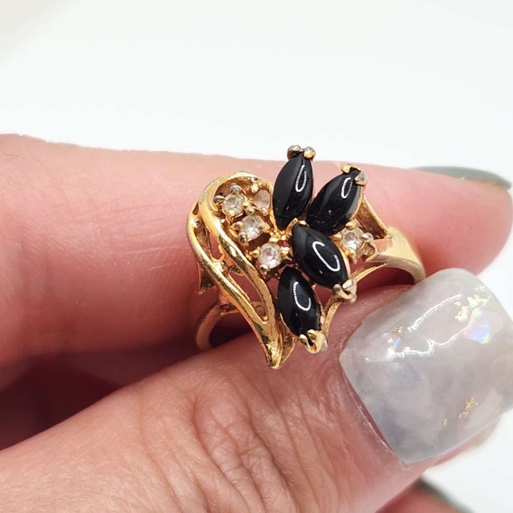 Vintage 14k TGE Black Marquise Floral Cluster Statement Ring Size 7.25 Gold Tone